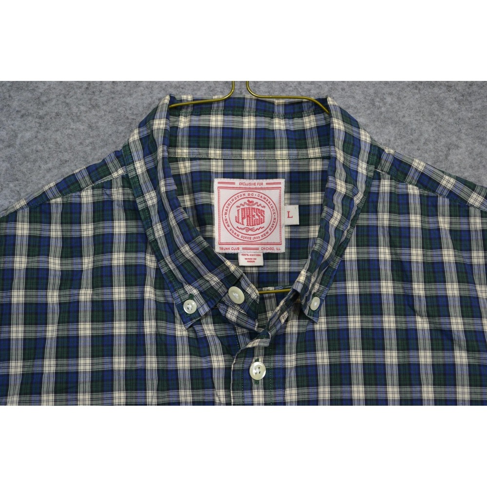 J. Press Shirt Mens L Green Blue Plaid Button Down Long Sleeve Cotton Casual